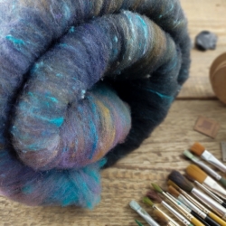 Art Batt No.10- merino wool with silk for spinning and felting, violet, black