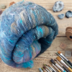 Art Batt No.10- merino wool with silk for spinning and felting, violet, black