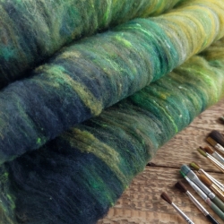 Art Batt No.11- merino wool with silk for spinning and felting, green, black