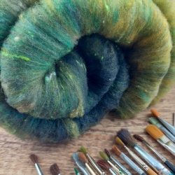 Art Batt No.11- merino wool with silk for spinning and felting, green, black