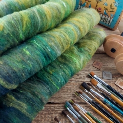 Art Batt No.11- merino wool with silk for spinning and felting, green, black