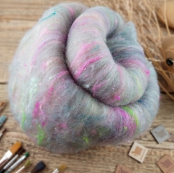 Art Batt No.4- wool blend with silk and kid mohair for spinning and felting, Woolento