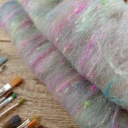 Art Batt No.4- wool blend with silk and kid mohair for spinning and felting, Woolento