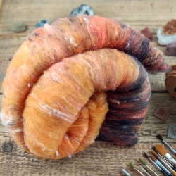 Art Batt No.8 merino wool with silk for spinning and felting orange brick black