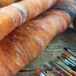 Art Batt No.8 merino wool with silk for spinning and felting orange brick black