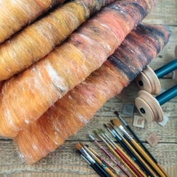 Art Batt No.8 merino wool with silk for spinning and felting orange brick black