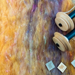 Art Batt No.8 - merino wool with silk for spinning and felting, orange, violet