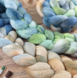 Merino extra fine wool for spinning Woolento top roving hand dyed blue green beige