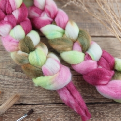 Woolento top roving merino and silk for spinning hand dyed white green raspberry