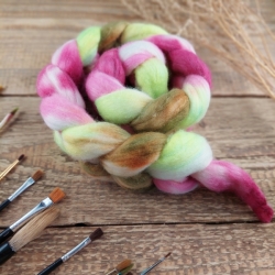 Woolento top roving merino and silk for spinning hand dyed white green raspberry