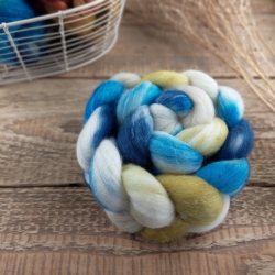 Blue / White / Green - merino wool with tussah silk, hand dyed top roving, Woolento