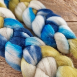 Woolento top roving merino and silk for spinning hand dyed blue white green