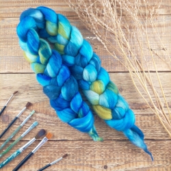 Blue / Green - merino wool with tussah silk, hand dyed top roving, Woolento