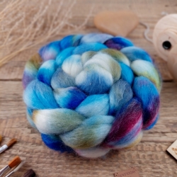 Blue Green Burgundy  hand dyed wool roving for hand spinning blend of wool and tencel lyocell 