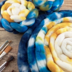 Merino extra fine wool for spinning Woolento top roving hand dyed blue yellow white