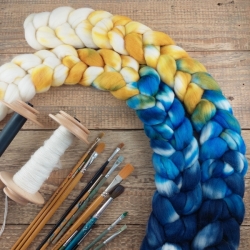 Blue / Yellow / White - merino fine wool, hand dyed top roving, Woolento