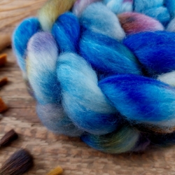 Blue Green Burgundy  hand dyed wool roving for hand spinning blend of wool and tencel lyocell 