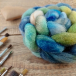 Blue / Green / Ochre  - wool roving for hand spinning, blend of wool and tencel