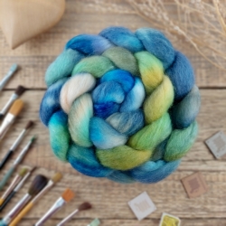 Blue / Green / Ochre  - wool roving for hand spinning, blend of wool and tencel