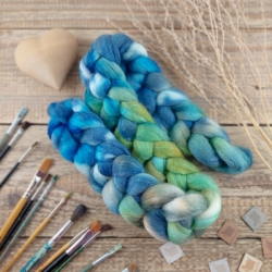 Blue / Green / Ochre  - wool roving for hand spinning, blend of wool and tencel