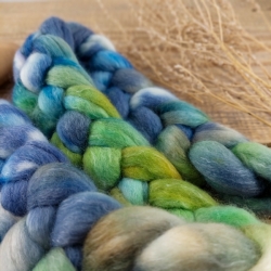 Blue / Green / Ochre  - wool roving for hand spinning, blend of wool and tencel