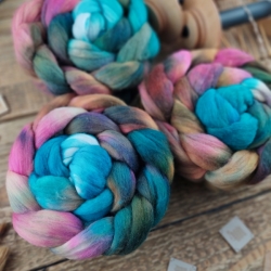 Turquoise / pink / brown - merino luxury fine wool, hand dyed top roving, Woolento