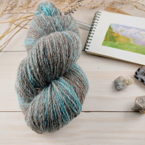 hand spun wool yarn blend BFL merino alpaca Woolento brown turquoise