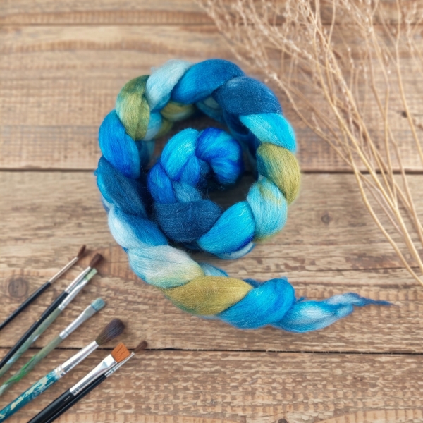 Woolento top roving merino and silk for spinning hand dyed blue green