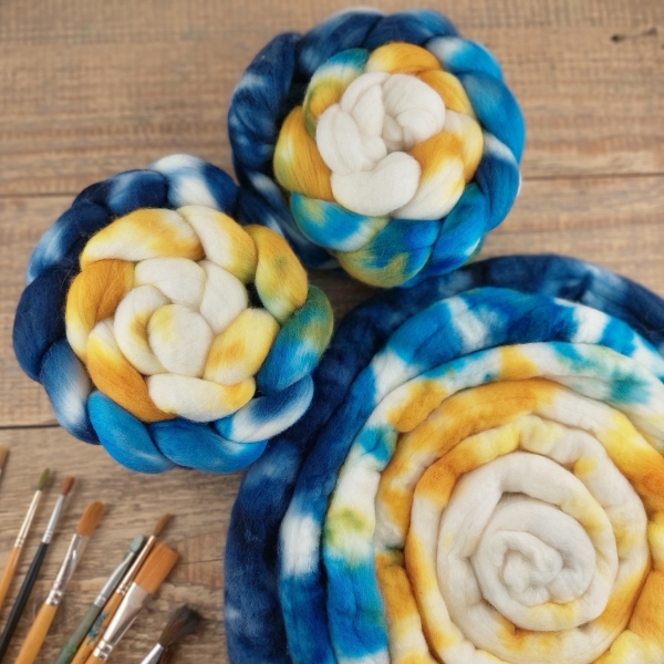 Merino extra fine wool for spinning Woolento top roving hand dyed blue yellow white