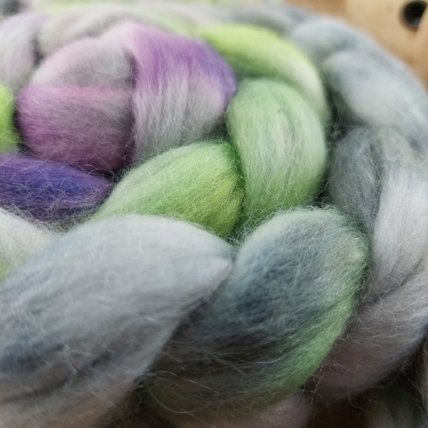 Grey green purple wool blend merino with kid mohair hand dyed top roving Woolento